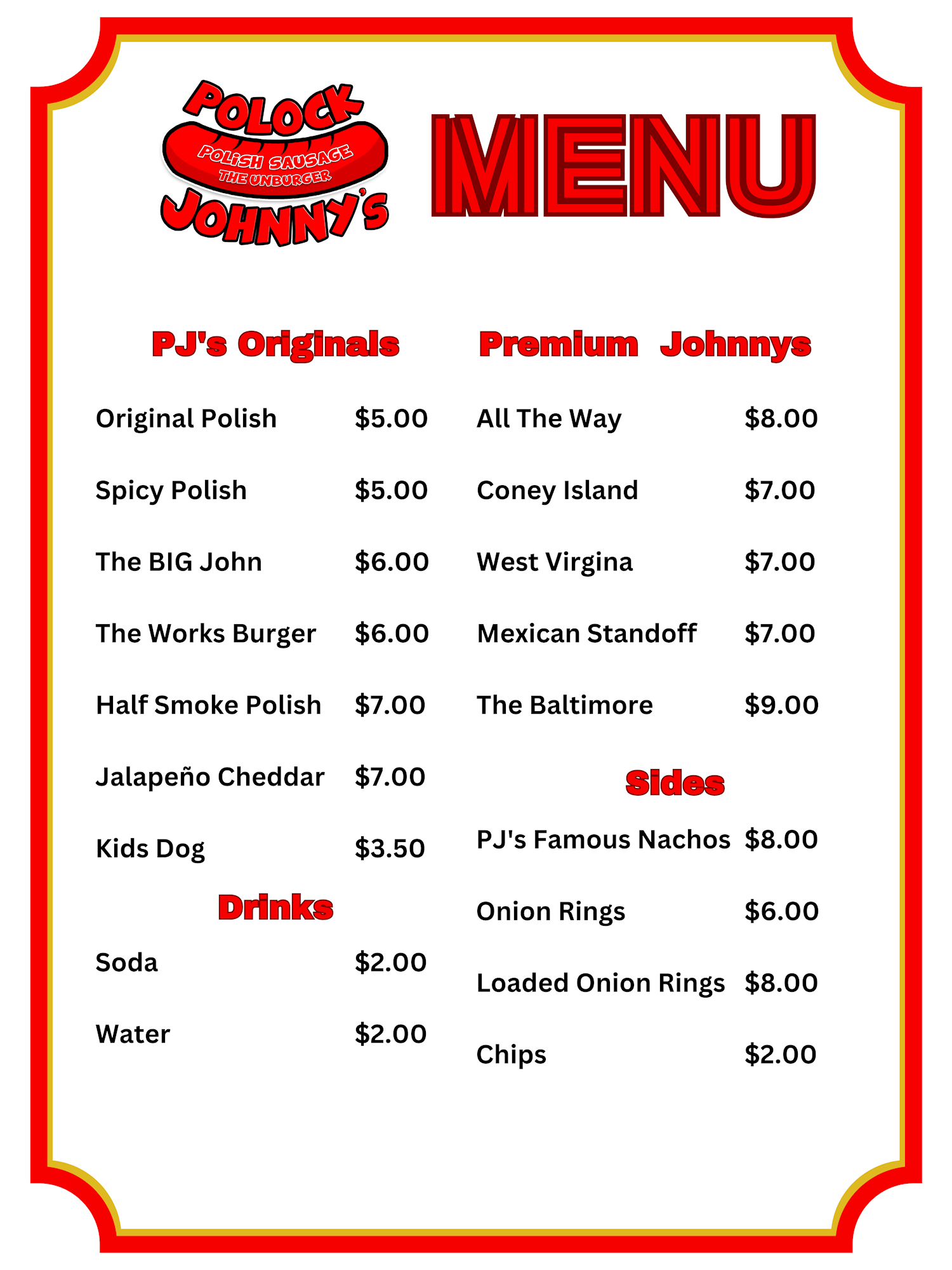 Polock Johnny's Menu front